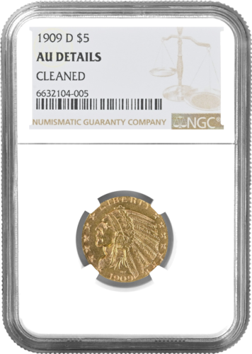 5 Indian Golden Eagle US Gold Coin AU DETAILS 1909 NGC Certified