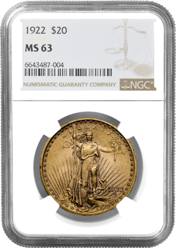 $20 Saint Gaudens/Double Eagle US Gold Coin MS 63 1922 (NGC Certified ...